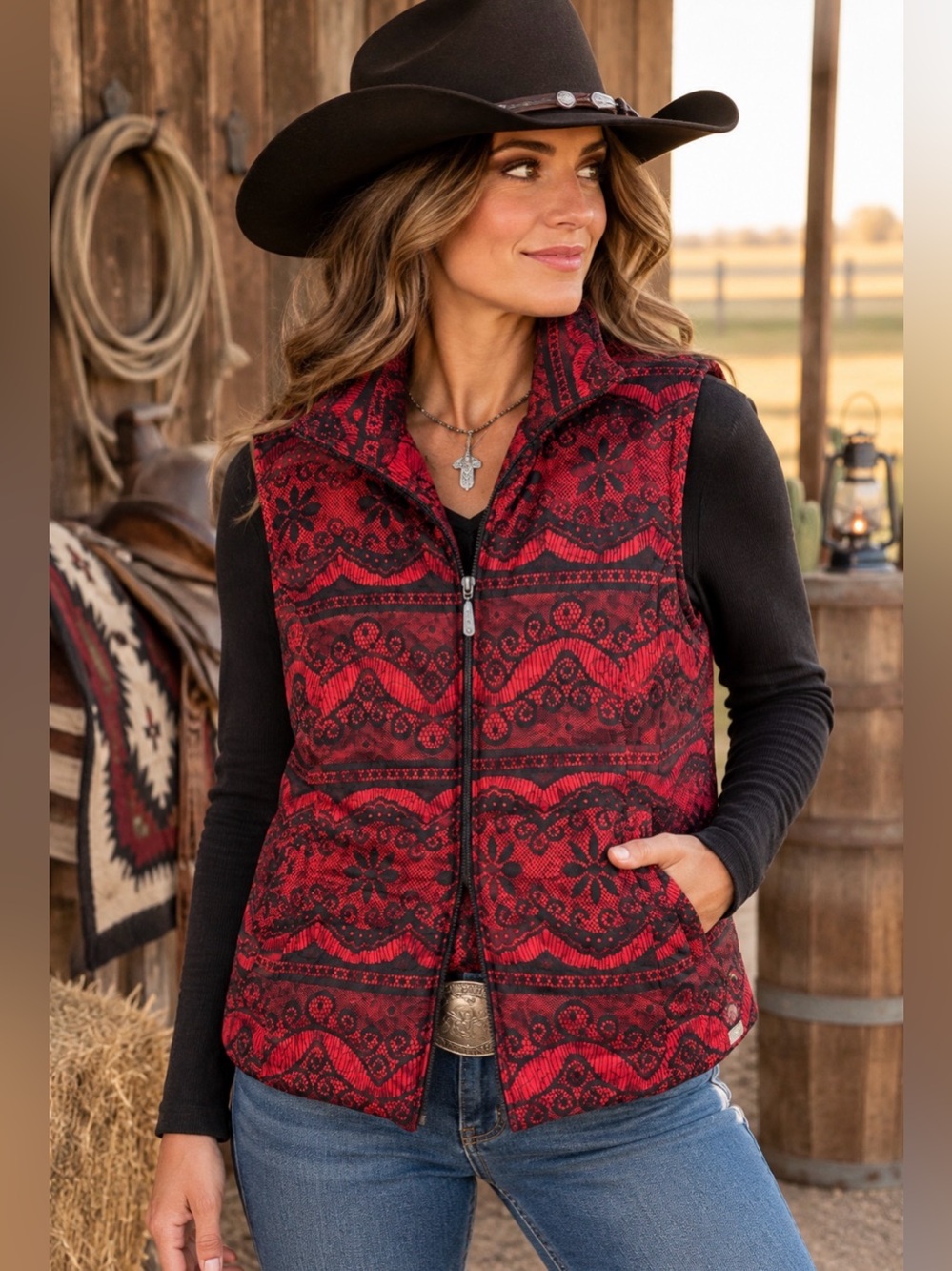 Ariat Red & Black Lace Overlay Quilted Zip Vest